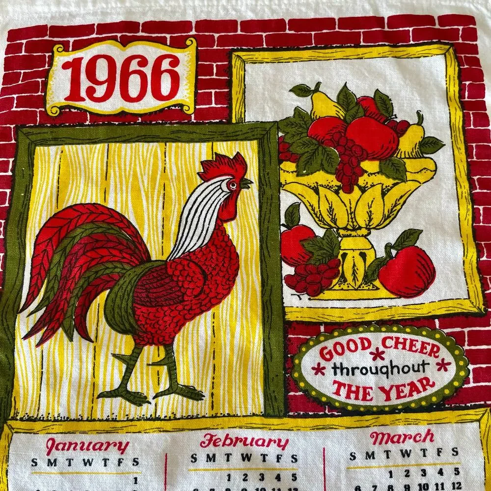 Vintage 1996 Linen Tea Towel Calendar with Rooster & Bowl of Fruit EUC